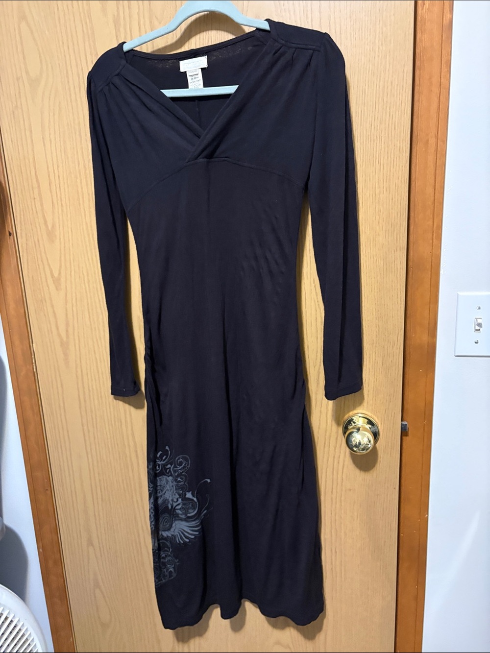 Diesel Black Long Sleeve V-Neck Midi Dress with Subtle Hem Print